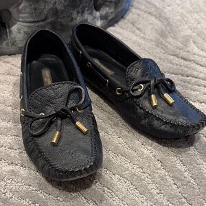 Louis Vuitton Black Leather Moccasin Loafers with Gold Hardware